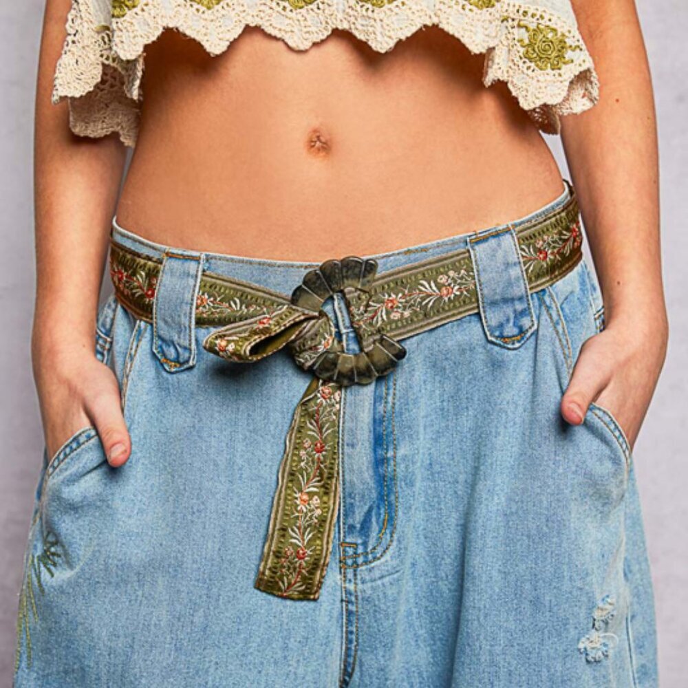 POL Floral Embroidered Shell Buckle Belt Olive Green